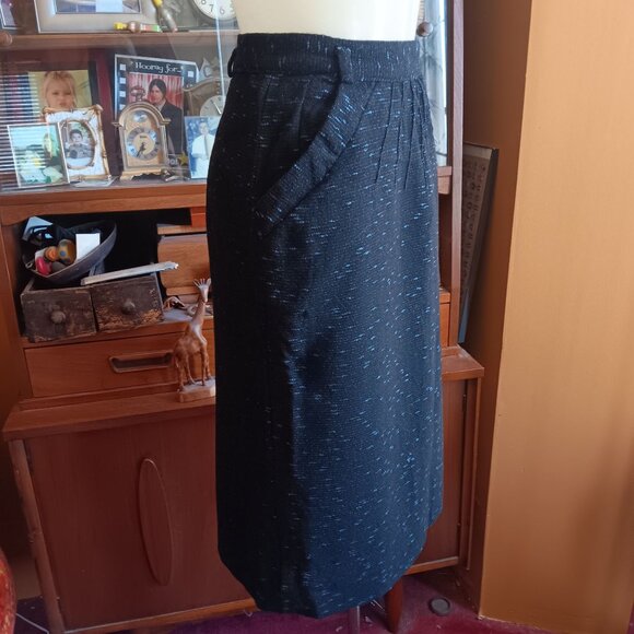 Vintage Women's Skirt 24W 1950's Wool Black/Blue Fleck Midi MCM Atomic Small - Picture 4 of 8